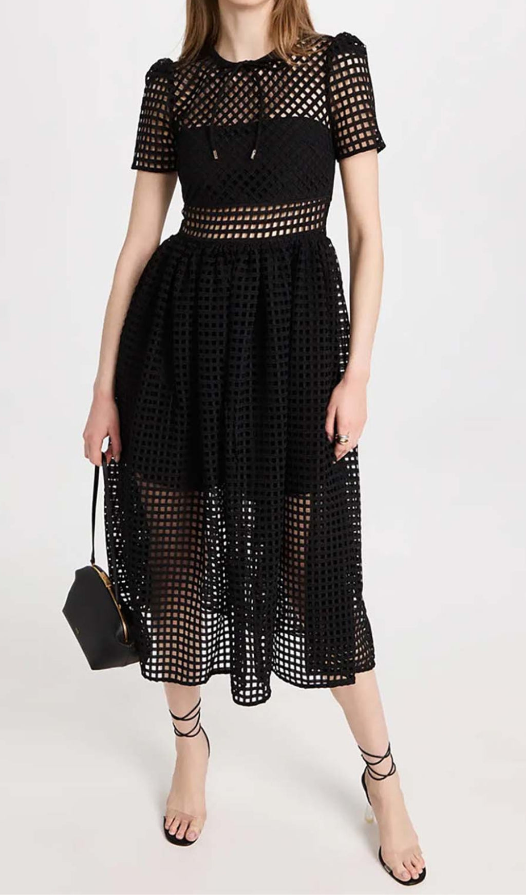 PUFFED SLEEVE LACE MIDI DRESS BLACK WEDDING GUEST