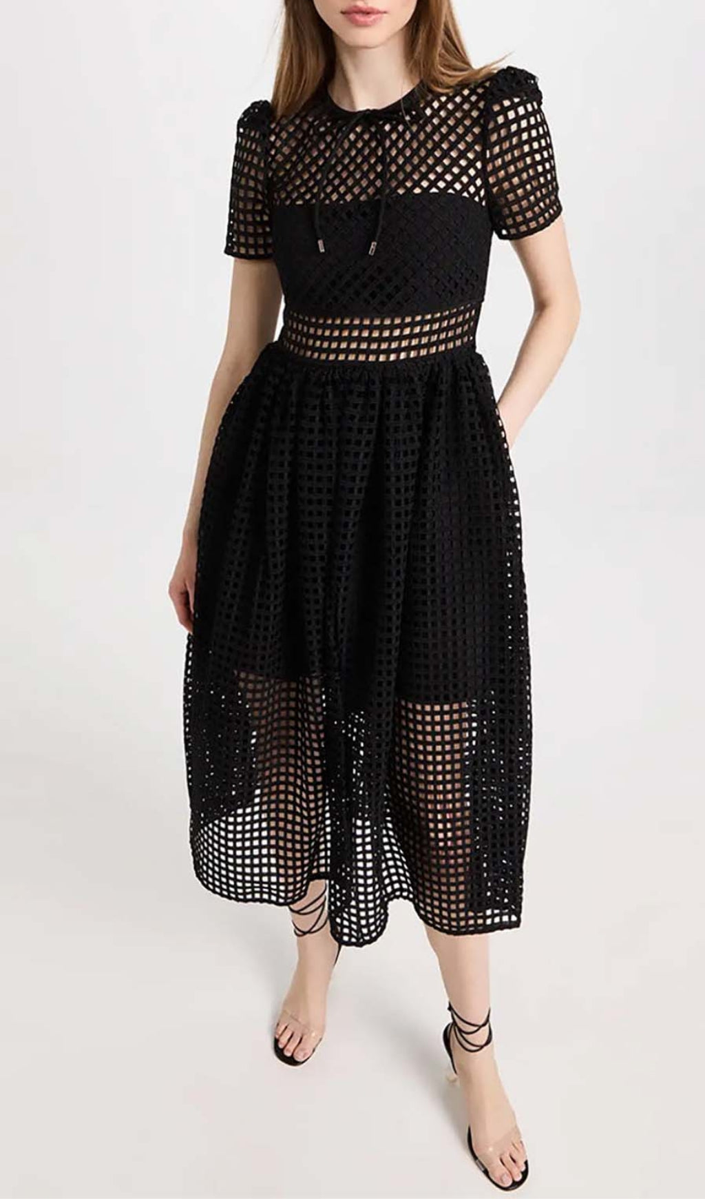 PUFFED SLEEVE LACE MIDI DRESS BLACK WEDDING GUEST