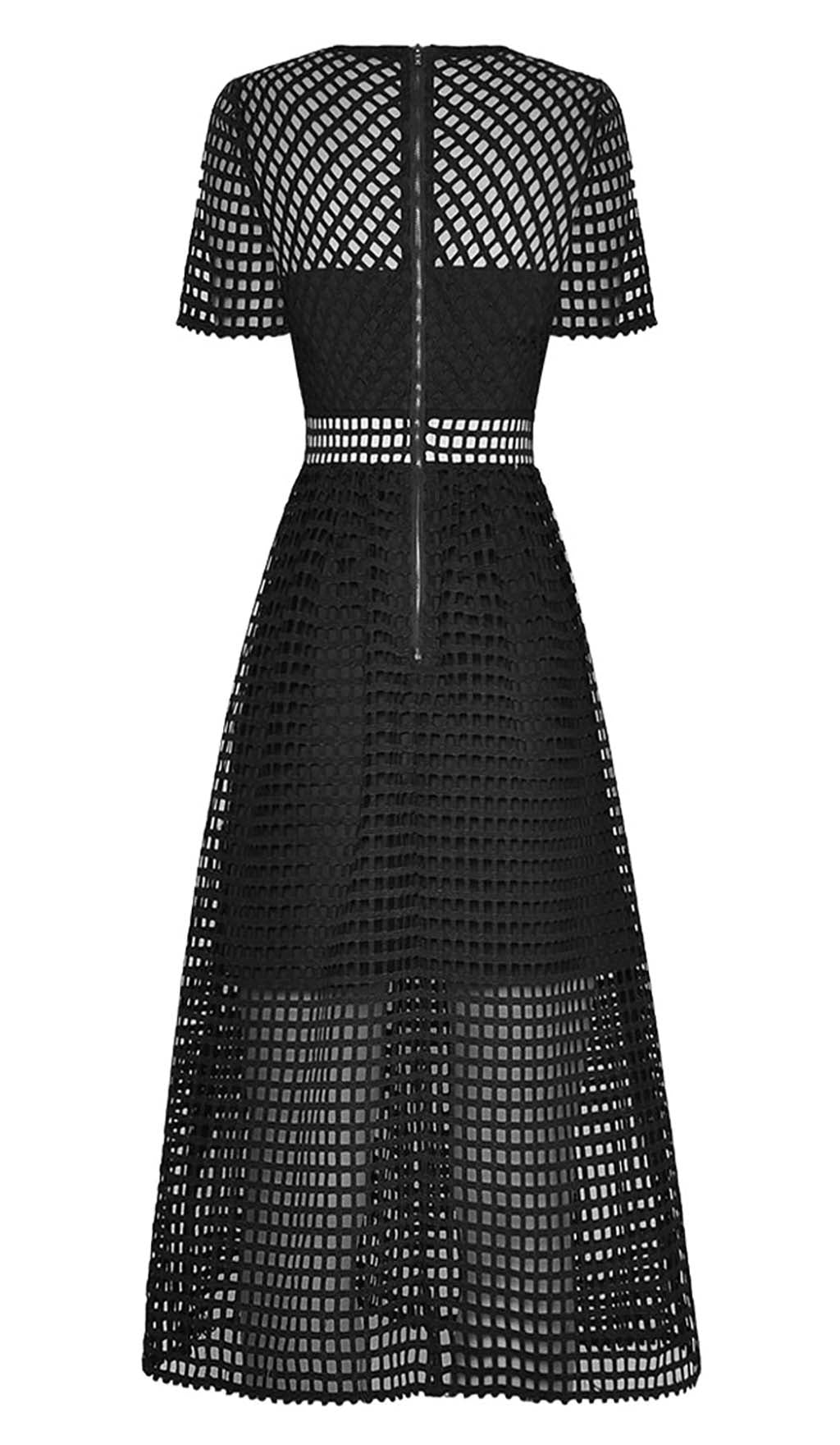 PUFFED SLEEVE LACE MIDI DRESS BLACK WEDDING GUEST