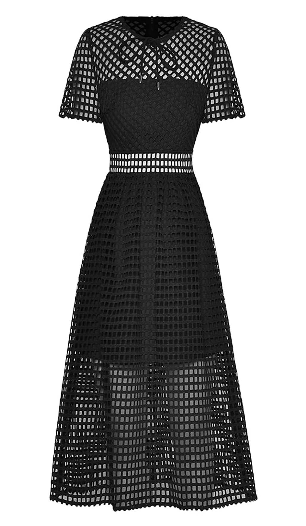 PUFFED SLEEVE LACE MIDI DRESS BLACK WEDDING GUEST