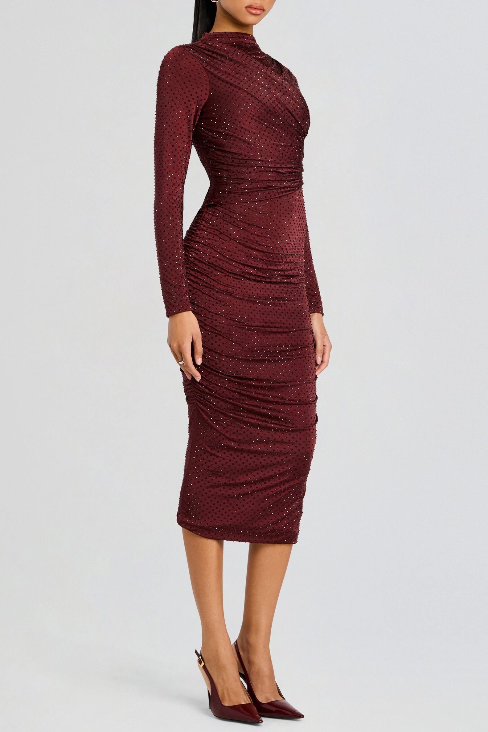 PALLAVI CRYSTAL RUCHED MIDI DRESS FOR EVENTS