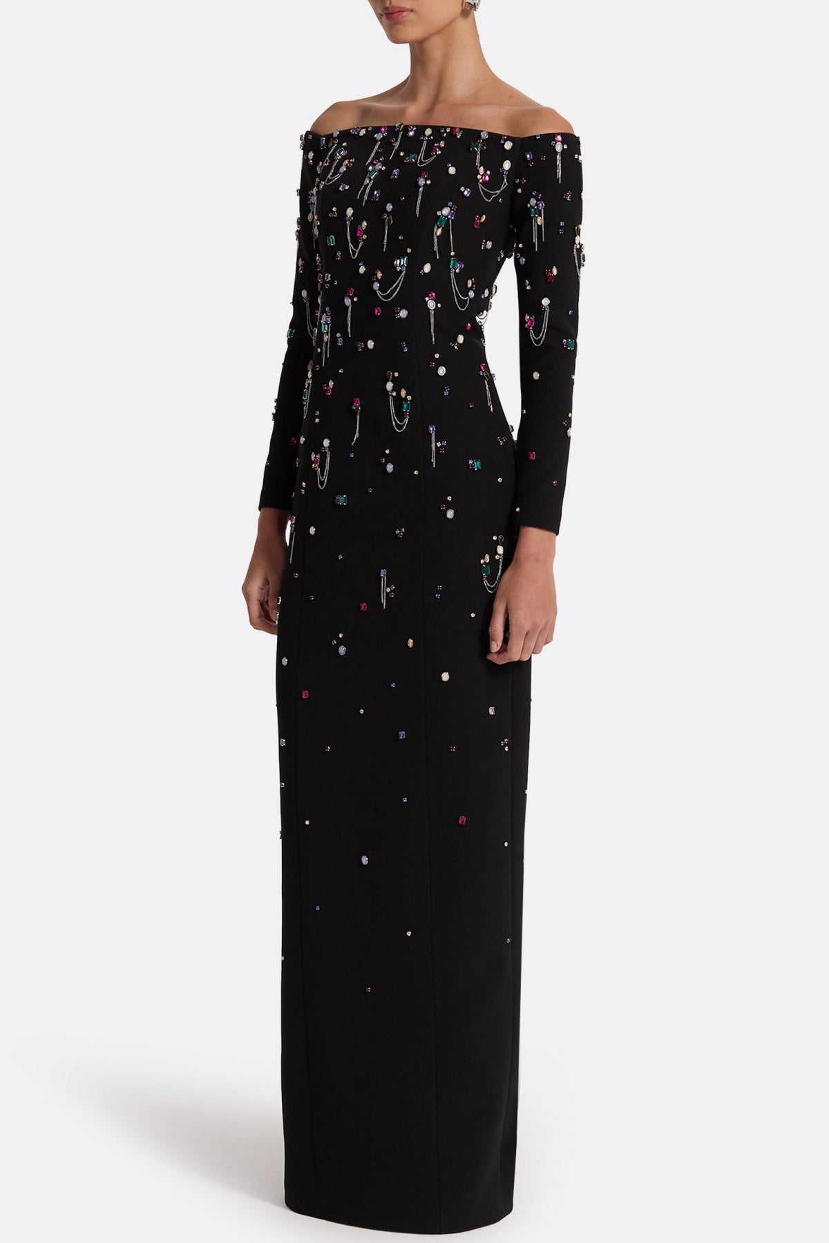 PAMARIA DIAMANTE EMBROIDERY OFF SHOULDER MAXI DRESS