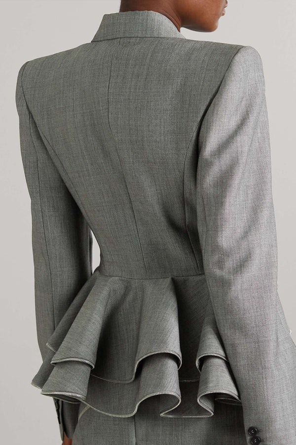 PEPLUM RUFFLE BLAZER GREY - OFFICE PARTY STYLE