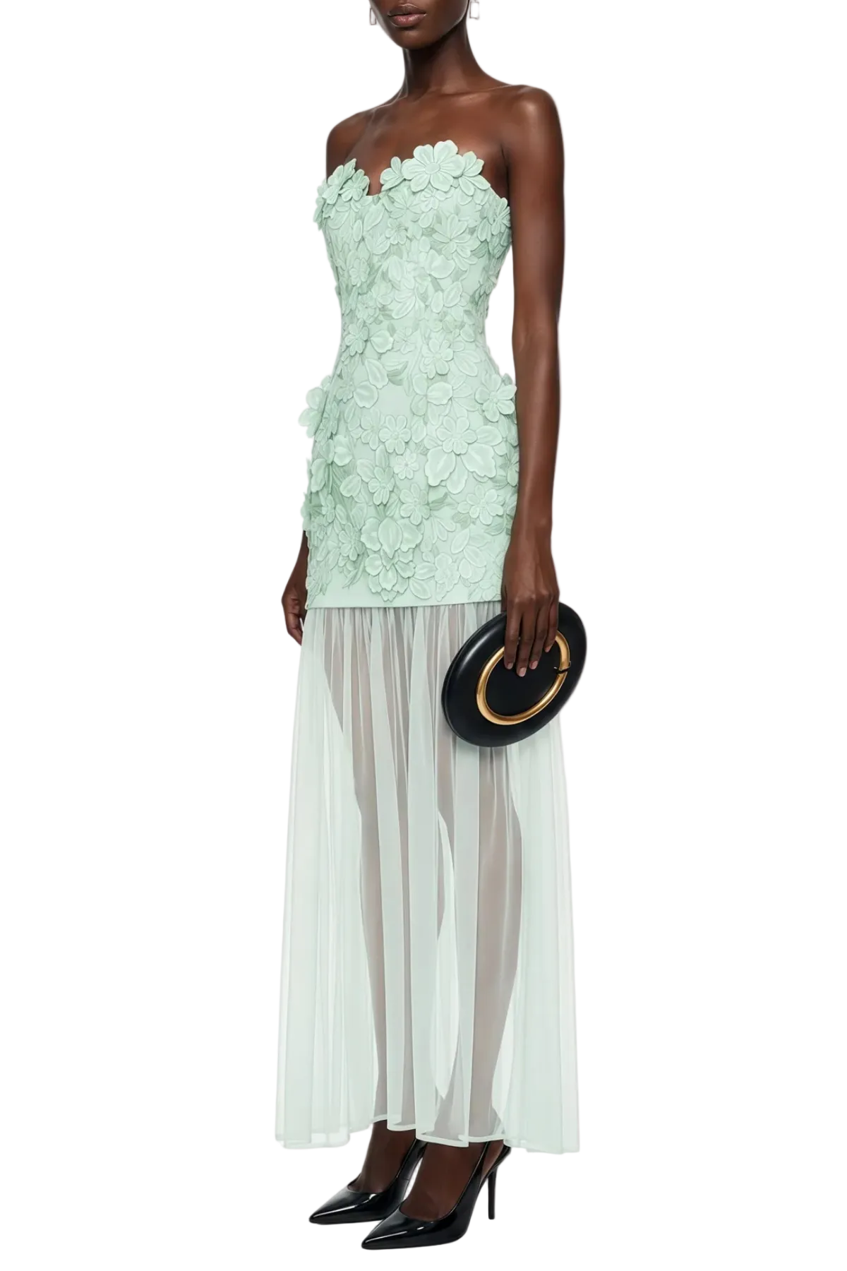 MINT FLORAL EMBROIDERY STRAPLESS MAXI DRESS