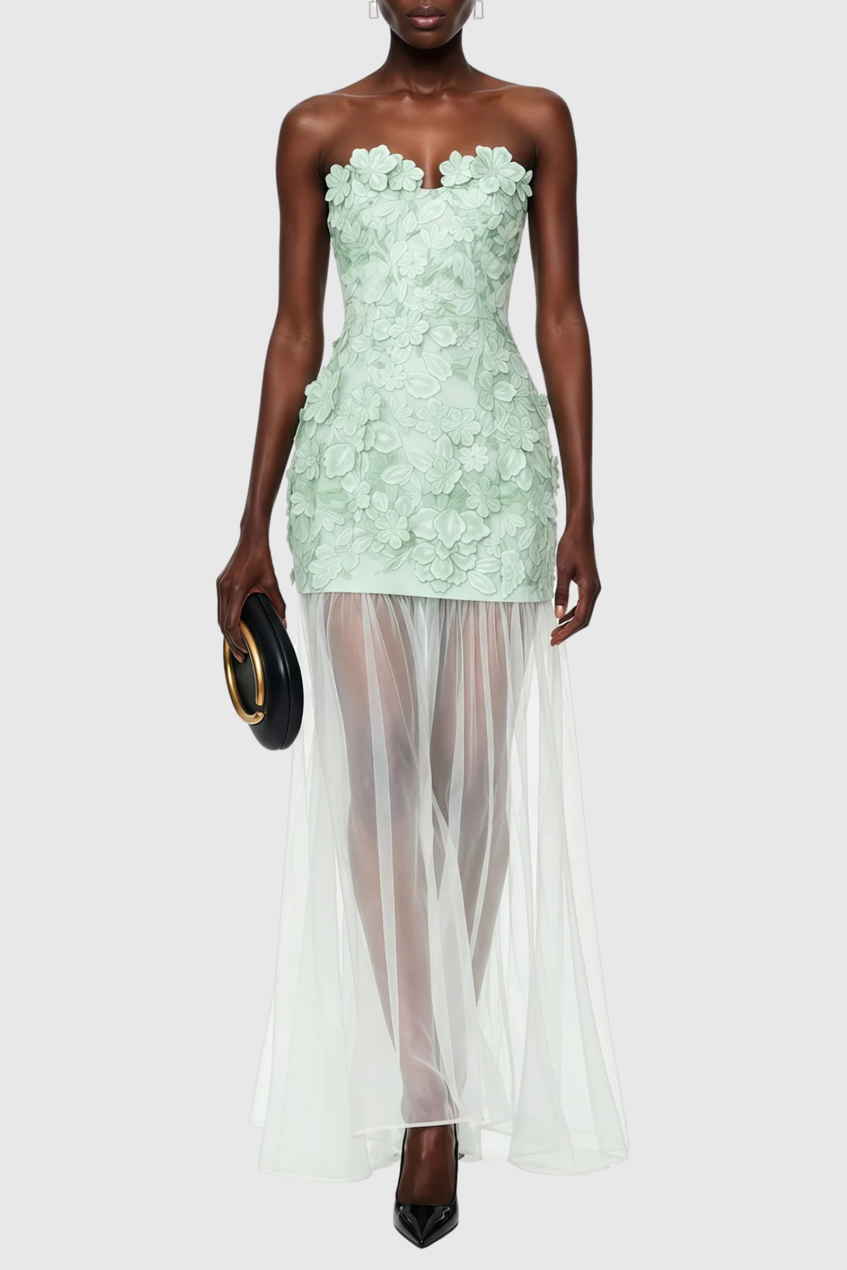 MINT FLORAL EMBROIDERY STRAPLESS MAXI DRESS