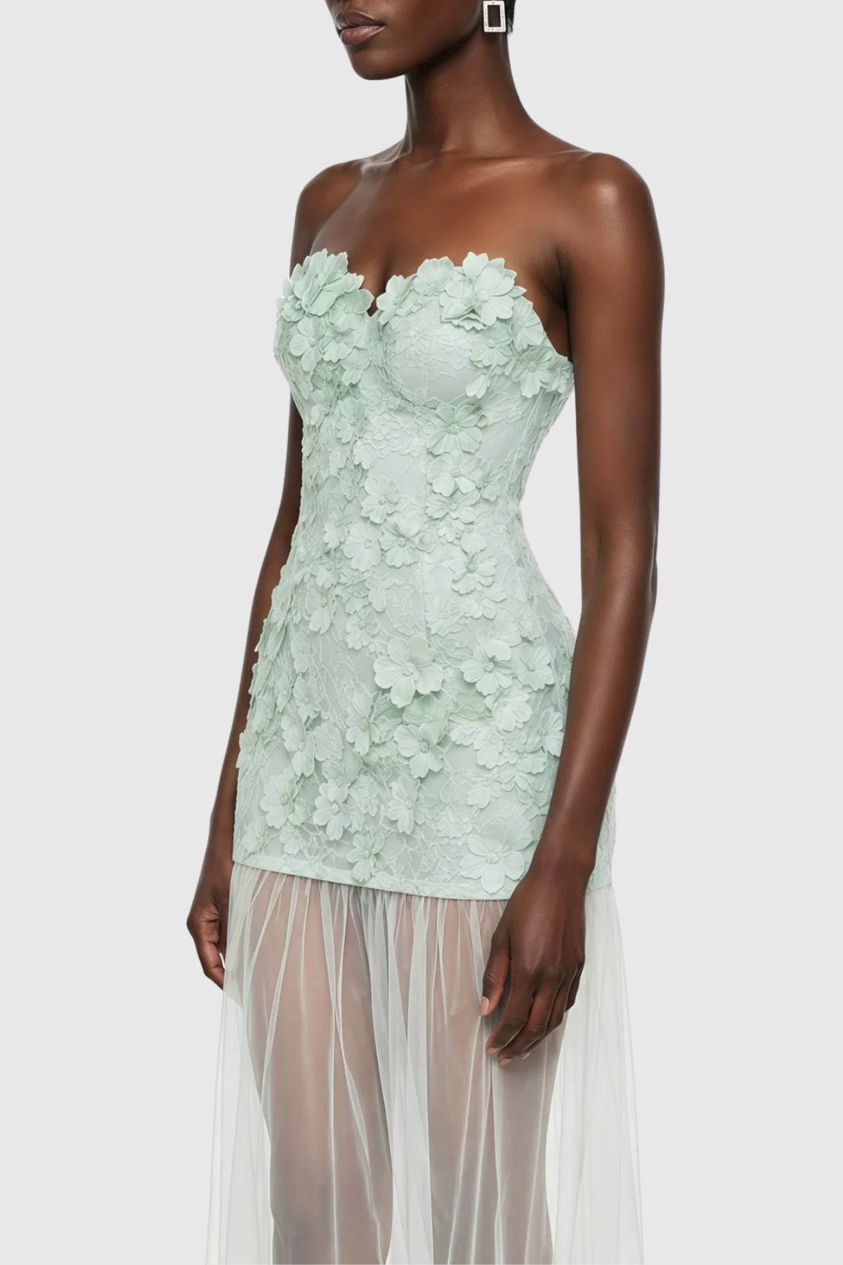 MINT FLORAL EMBROIDERY STRAPLESS MAXI DRESS
