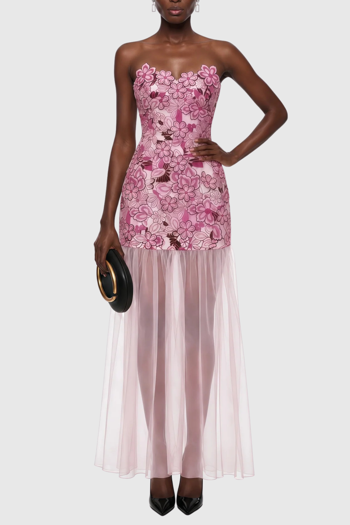 FLORAL EMBROIDERY STRAPLESS MAXI DRESS PINK