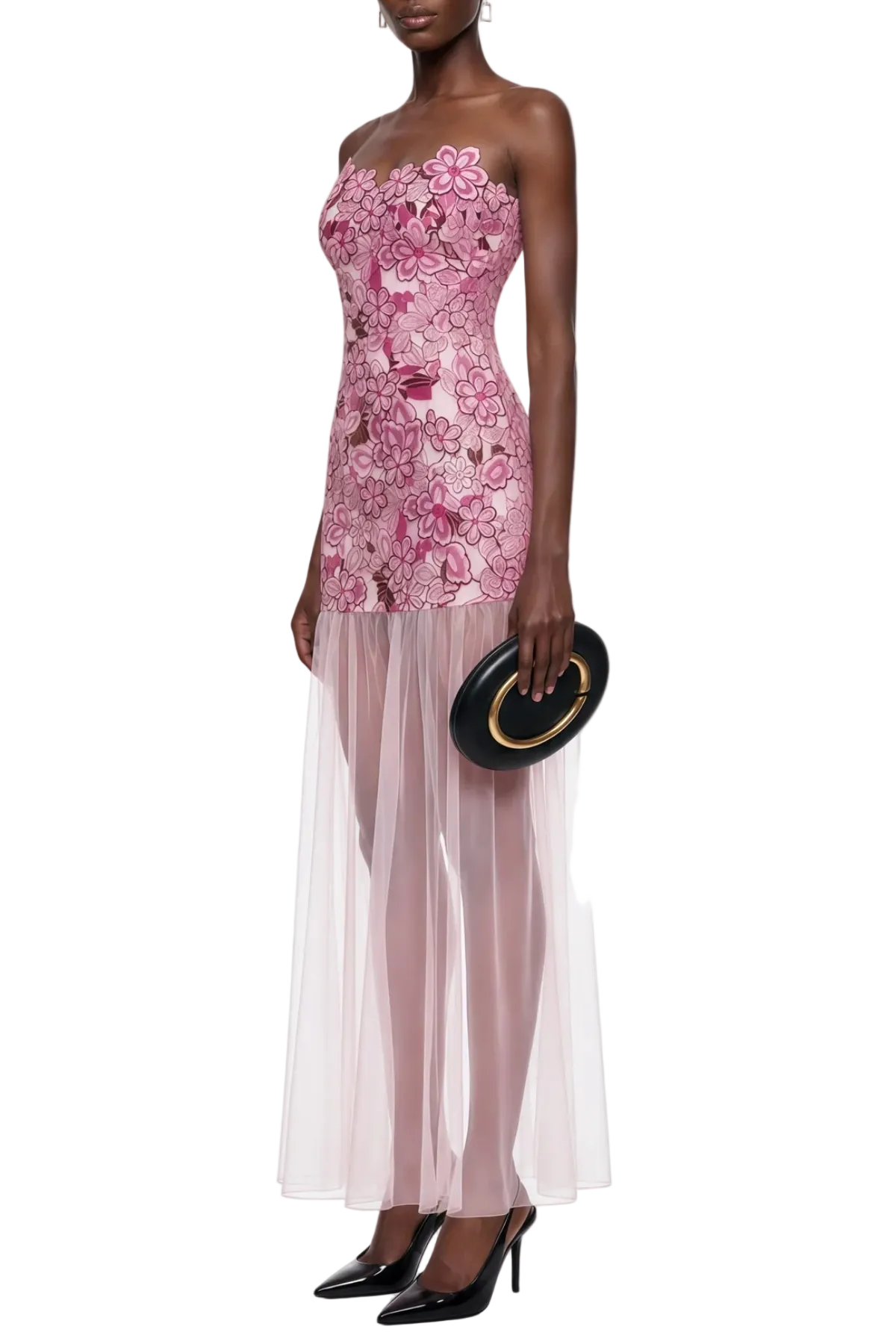 FLORAL EMBROIDERY STRAPLESS MAXI DRESS PINK