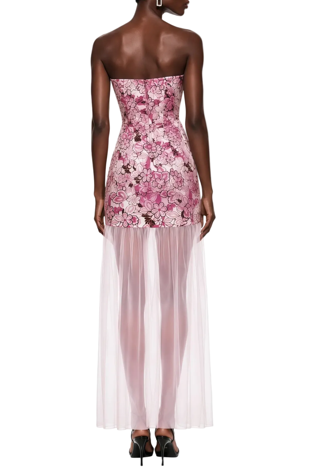 FLORAL EMBROIDERY STRAPLESS MAXI DRESS PINK