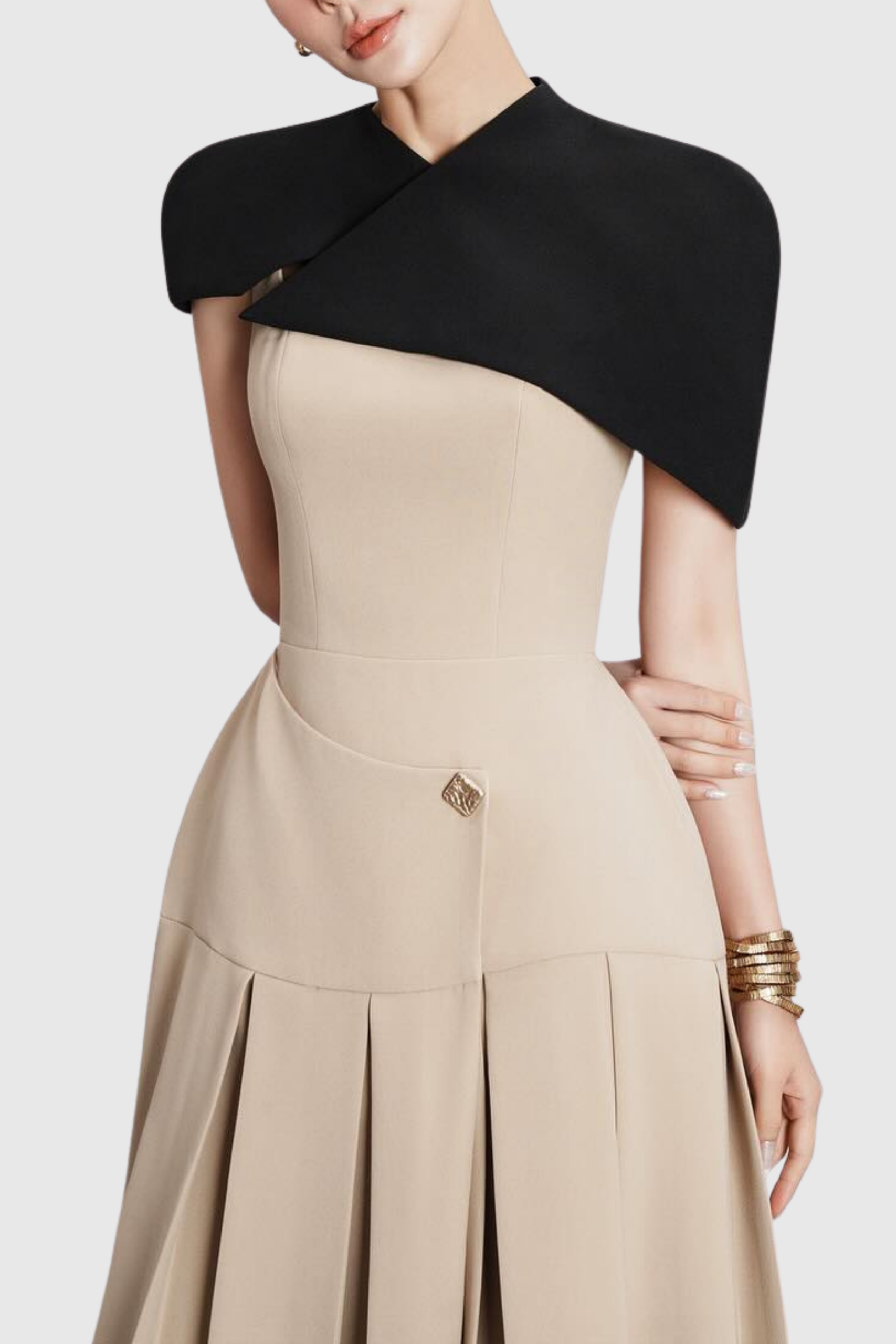 GUSTAVE KHAKI CAPE MIDI DRESS, SLEEVELESS, WEDDING GUEST