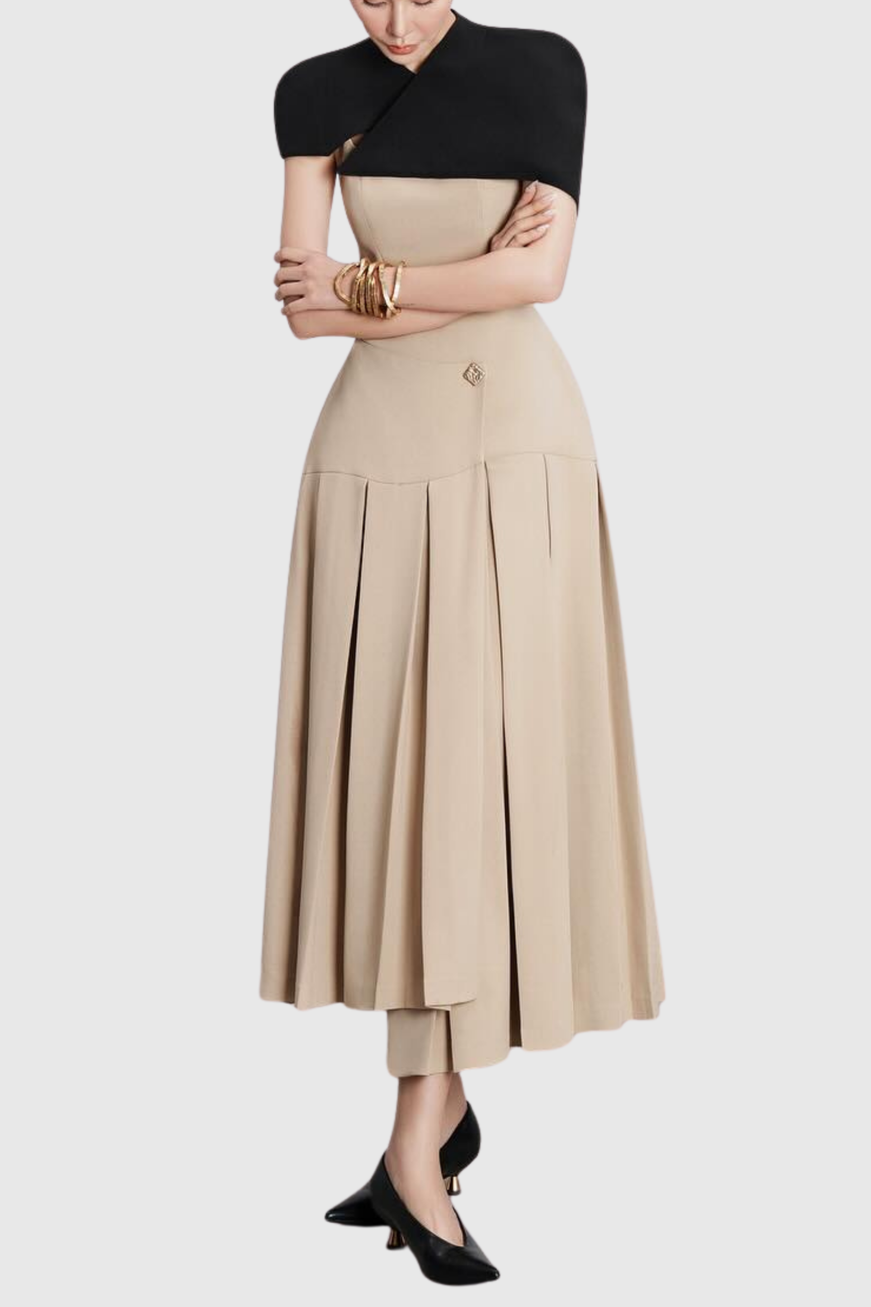 GUSTAVE KHAKI CAPE MIDI DRESS, SLEEVELESS, WEDDING GUEST