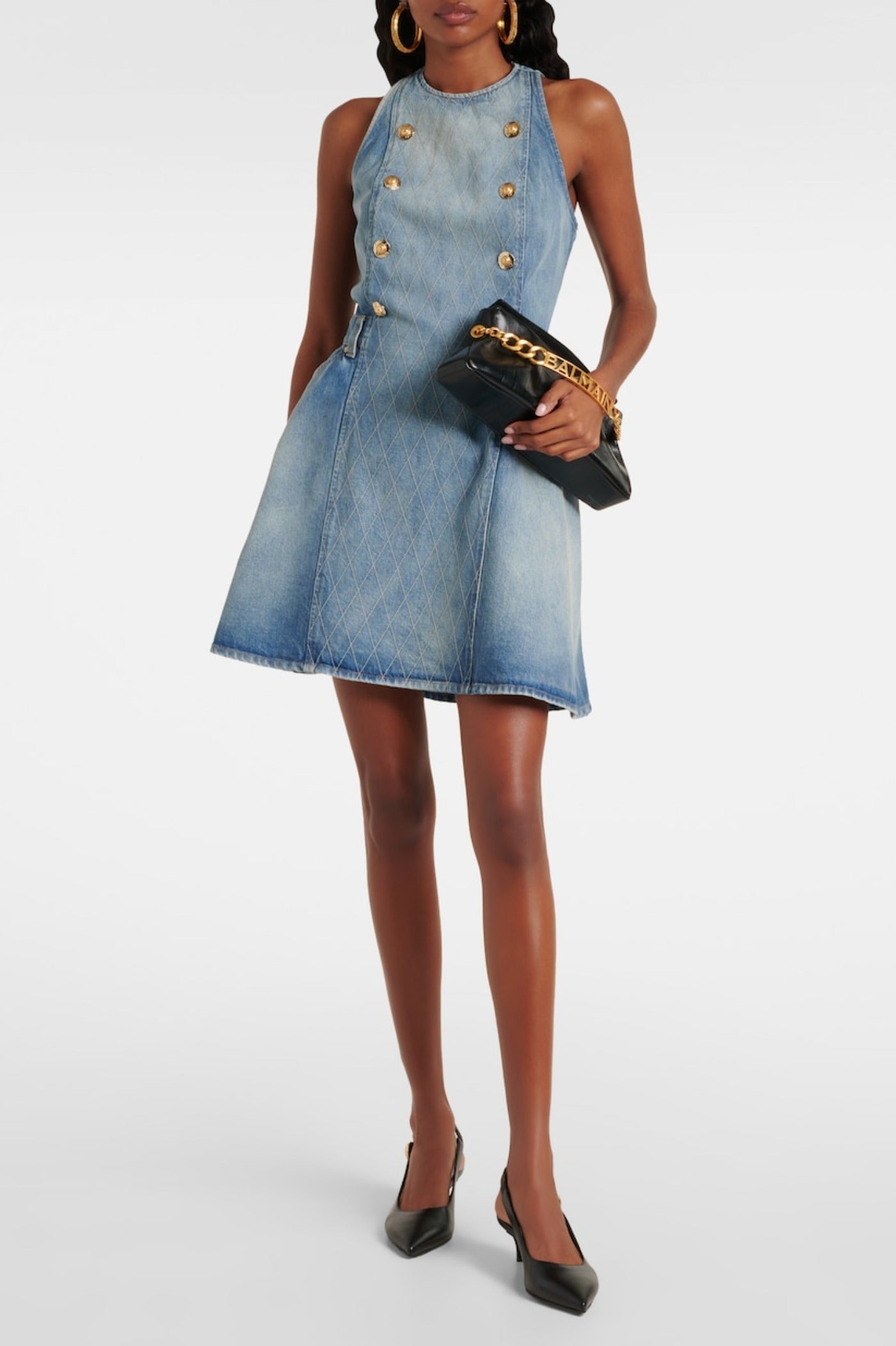 DENIM SLEEVELESS FLARED MINI DRESS FOR PARTY
