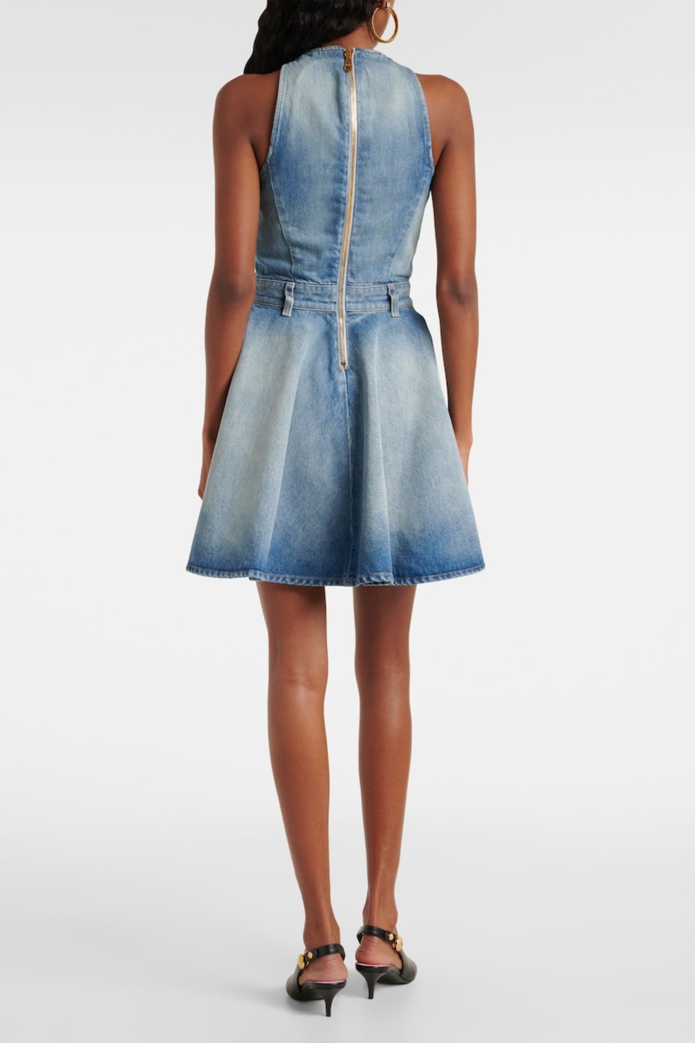 DENIM SLEEVELESS FLARED MINI DRESS FOR PARTY