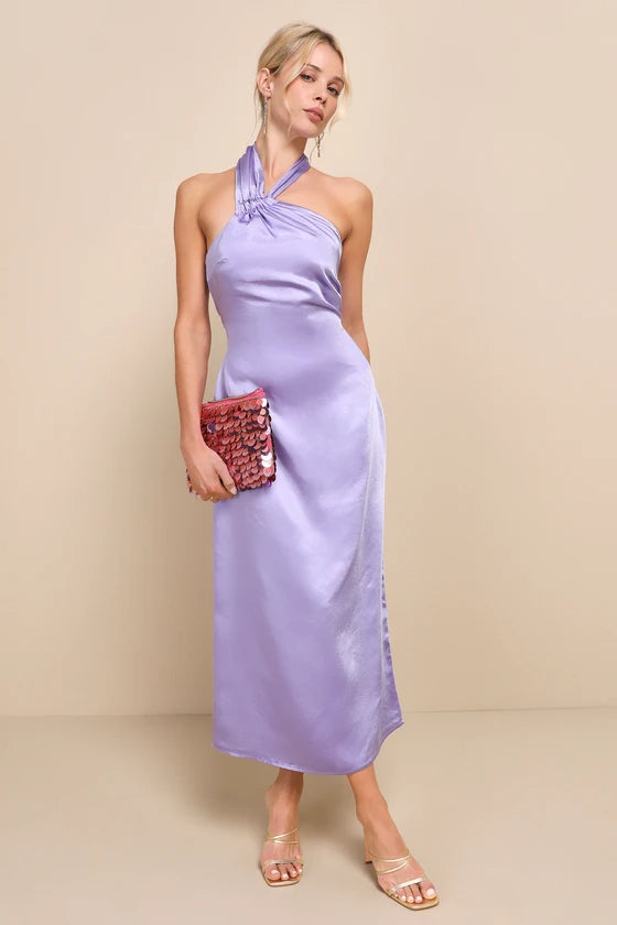 PerfectlySleekLavenderSatinHalterSlipMidiDress LAVENDER SATIN HALTER SLIP MIDI DRESS FOR EVENTS