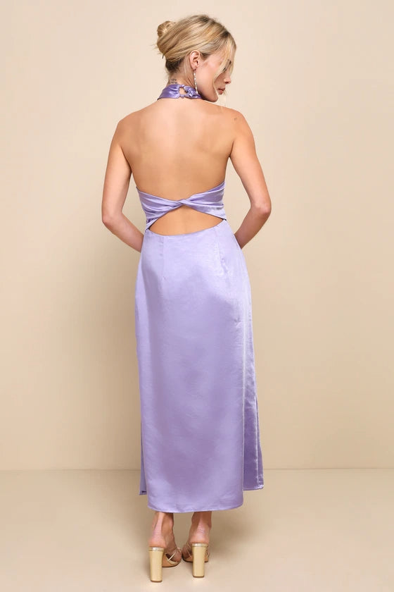 LAVENDER SATIN HALTER SLIP MIDI DRESS FOR EVENTS