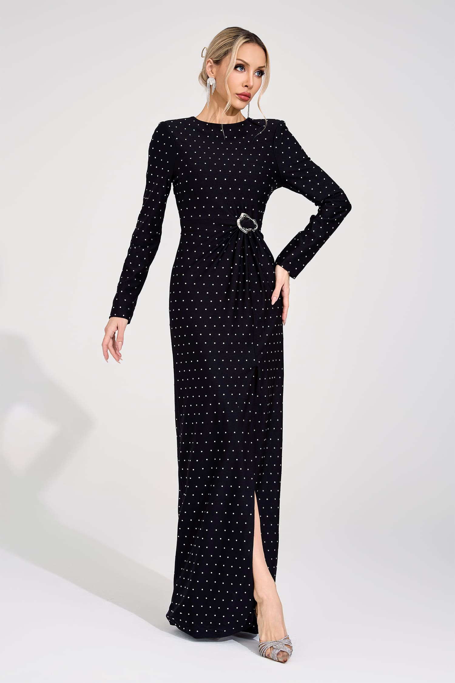 ROXANNE BLACK DIAMOND HIGH SLIT MAXI DRESS