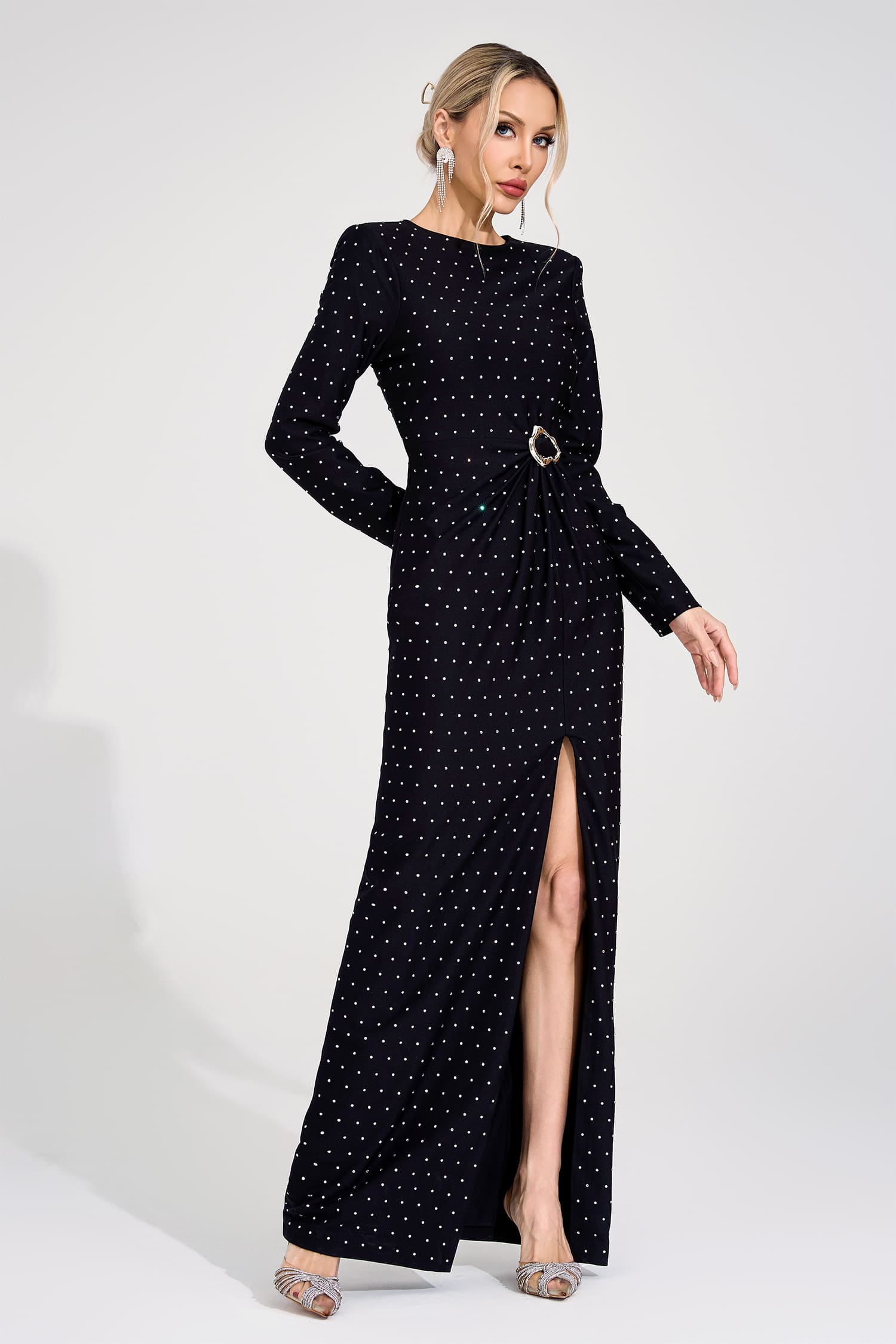ROXANNE BLACK DIAMOND HIGH SLIT MAXI DRESS
