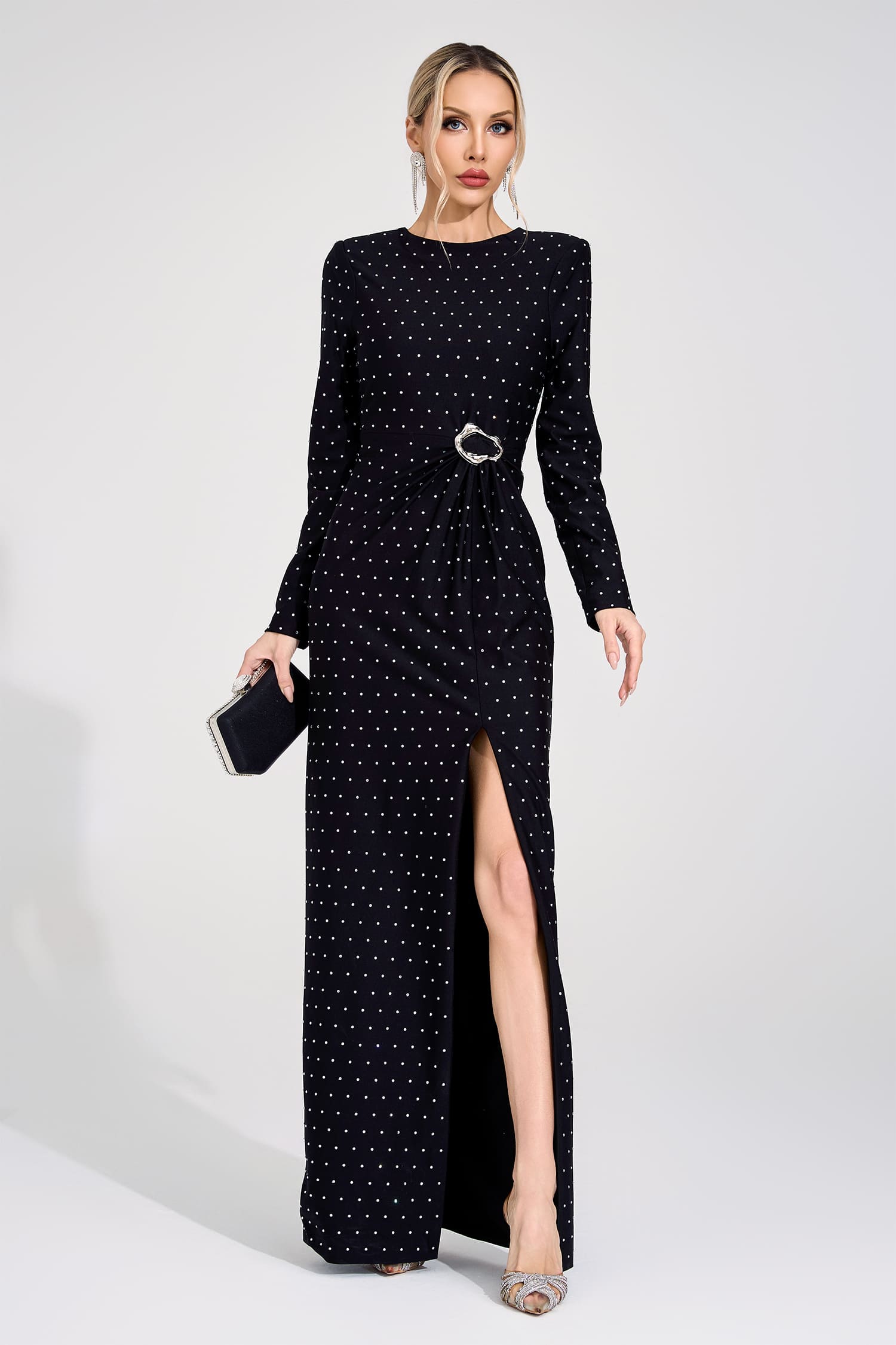ROXANNE BLACK DIAMOND HIGH SLIT MAXI DRESS