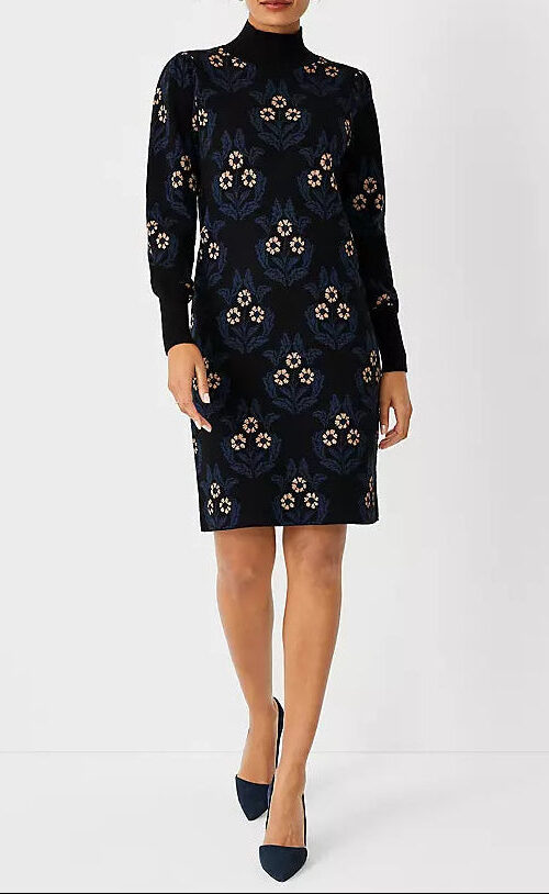 PetiteFloralMockNeckSweaterDress PETITE FLORAL MOCK NECK SWEATER DRESS FOR WORK