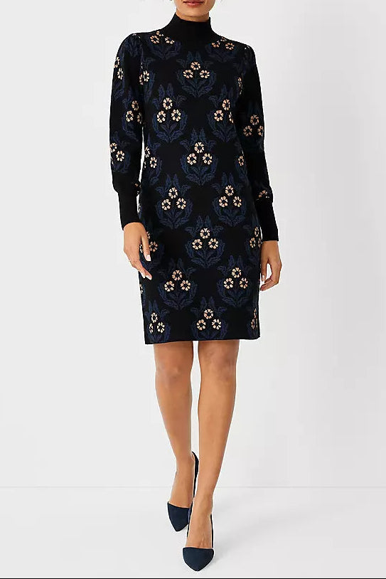 PetiteFloralMockNeckSweaterDress PETITE FLORAL MOCK NECK SWEATER DRESS FOR WORK