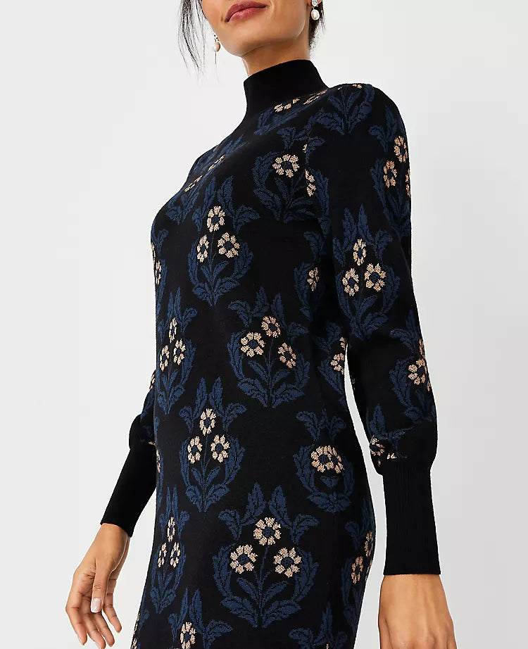 PETITE FLORAL MOCK NECK SWEATER DRESS FOR WORK