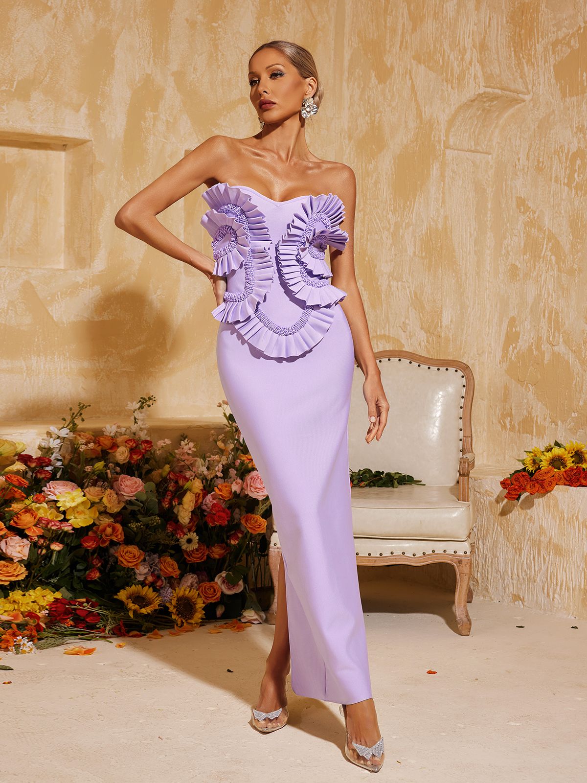 PETULAH STRAPLESS RUCHED BANDAGE MAXI DRESS