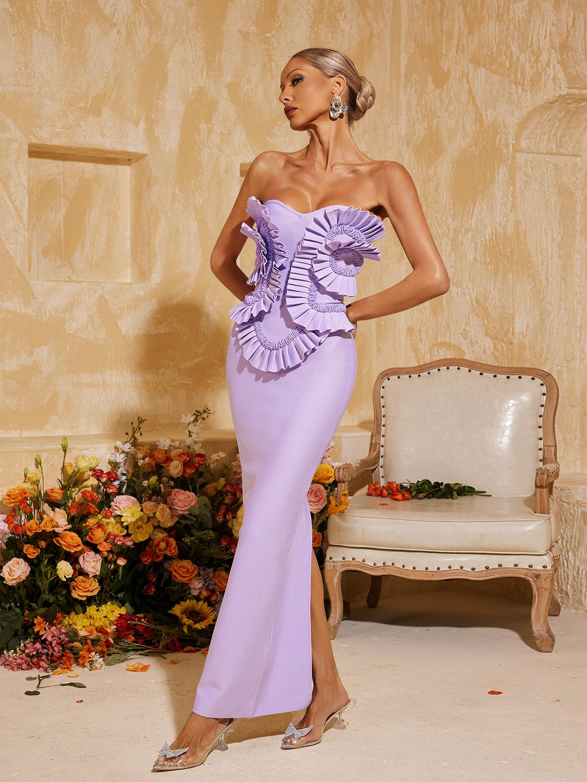 PETULAH STRAPLESS RUCHED BANDAGE MAXI DRESS