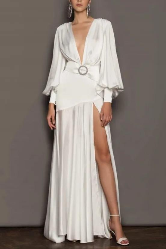 PhoebeV-neckBeltedSlitMaxiDress-Sunfere PHOEBE V-NECK BELTED SLIT MAXI DRESS FOR EVENING