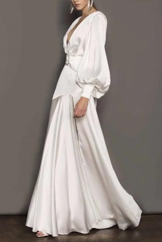 PHOEBE V-NECK BELTED SLIT MAXI DRESS FOR EVENING
