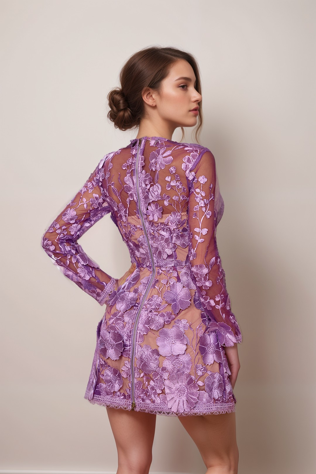 LILAC LACE FLORAL MINI DRESS FOR WEDDING GUEST