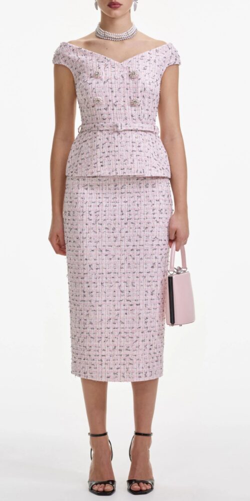 Pink Boucle Pearl Midi Dress Pink Boucle Pearl Midi Dress