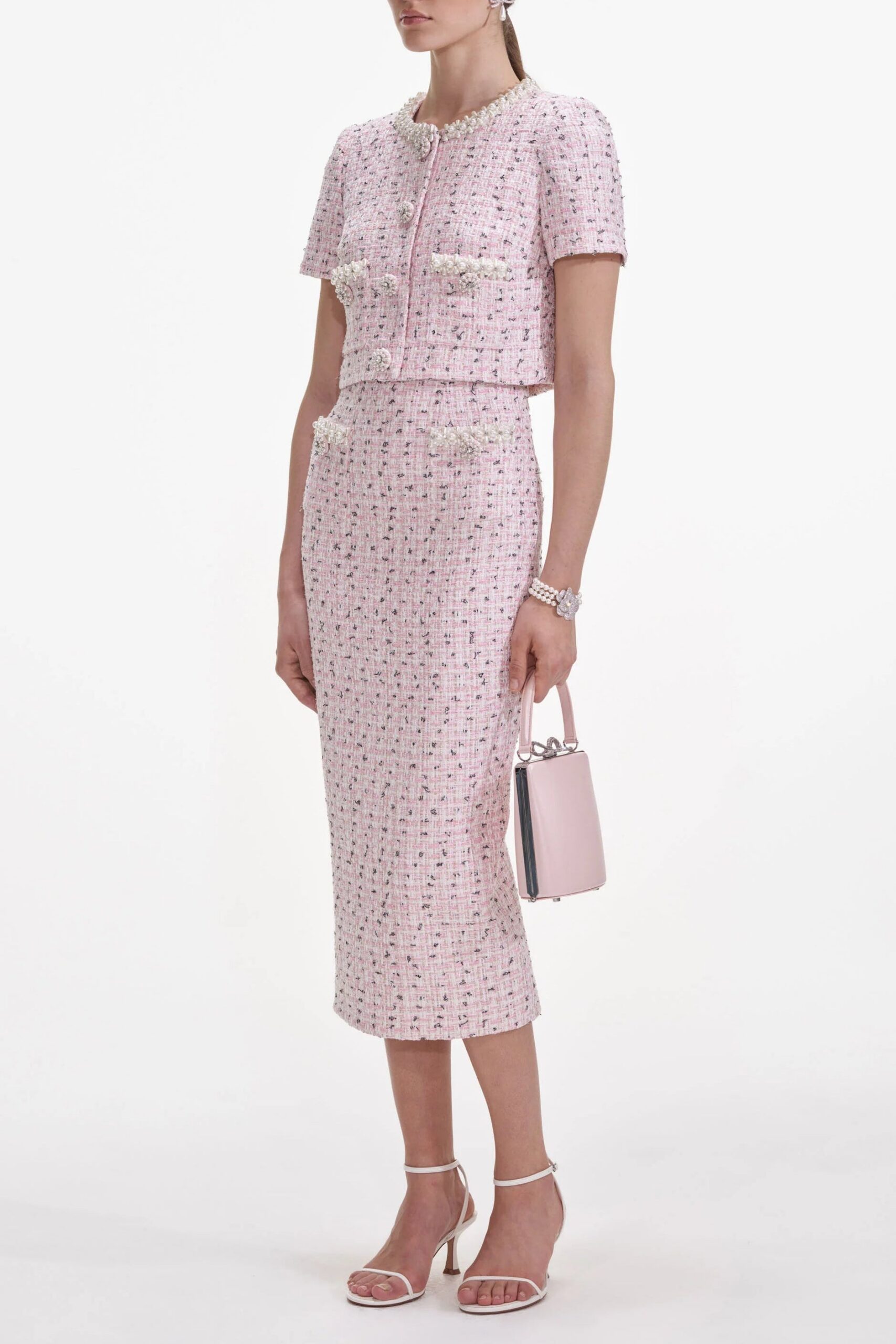 PINK BOUCLE PEARL TOP FOR WEDDING
