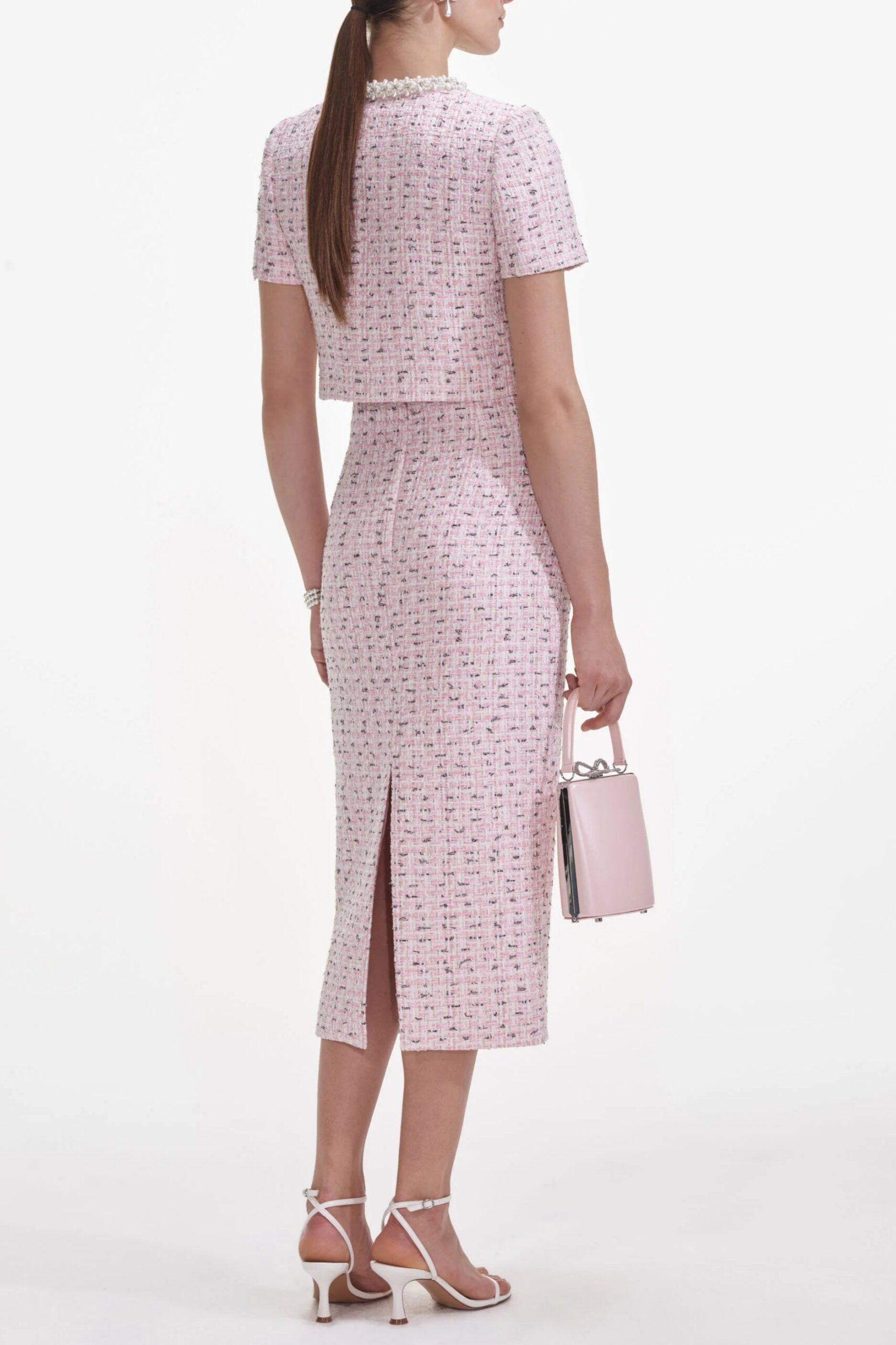PINK BOUCLE PEARL MIDI SKIRT FOR WORK
