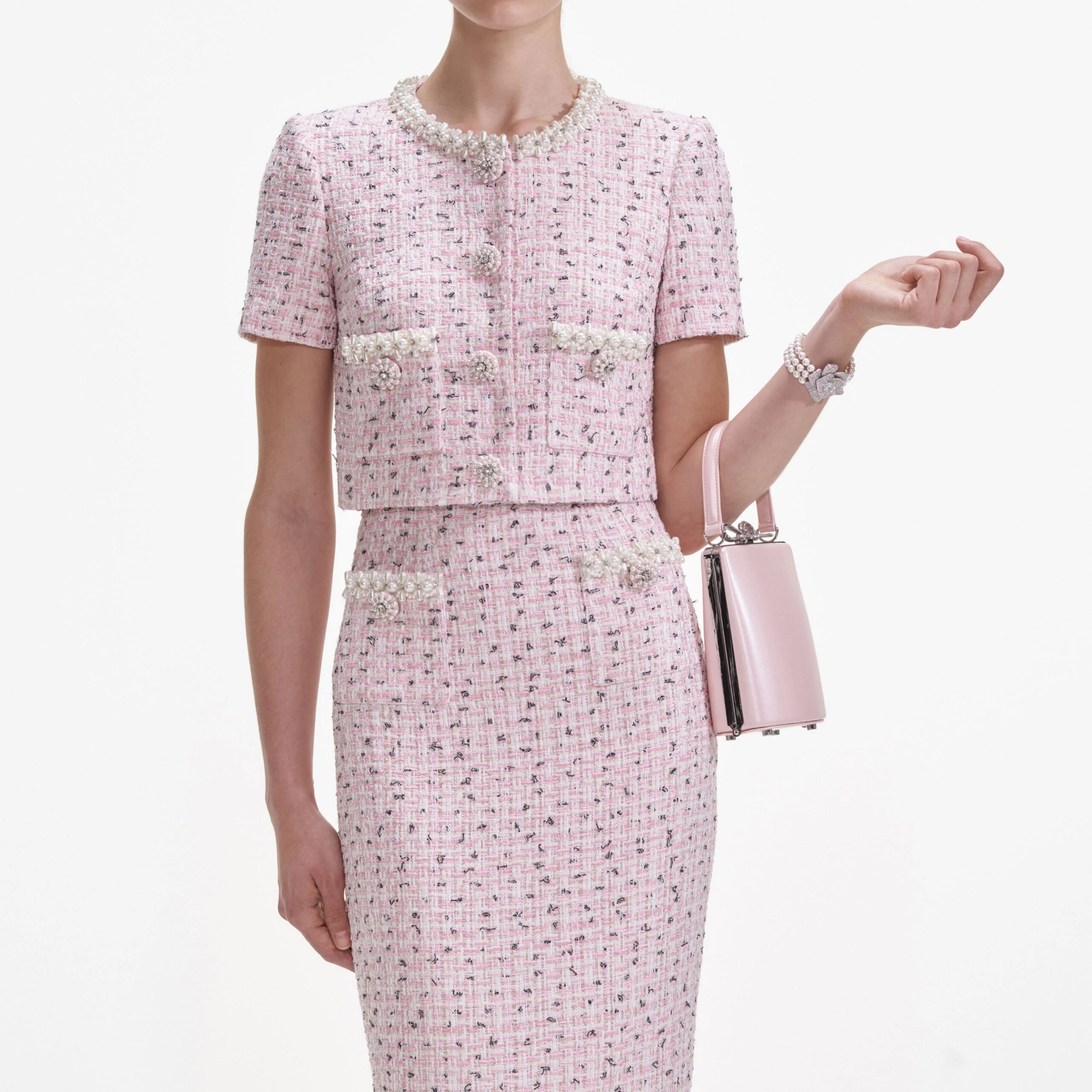 PINK BOUCLE PEARL TOP FOR WEDDING