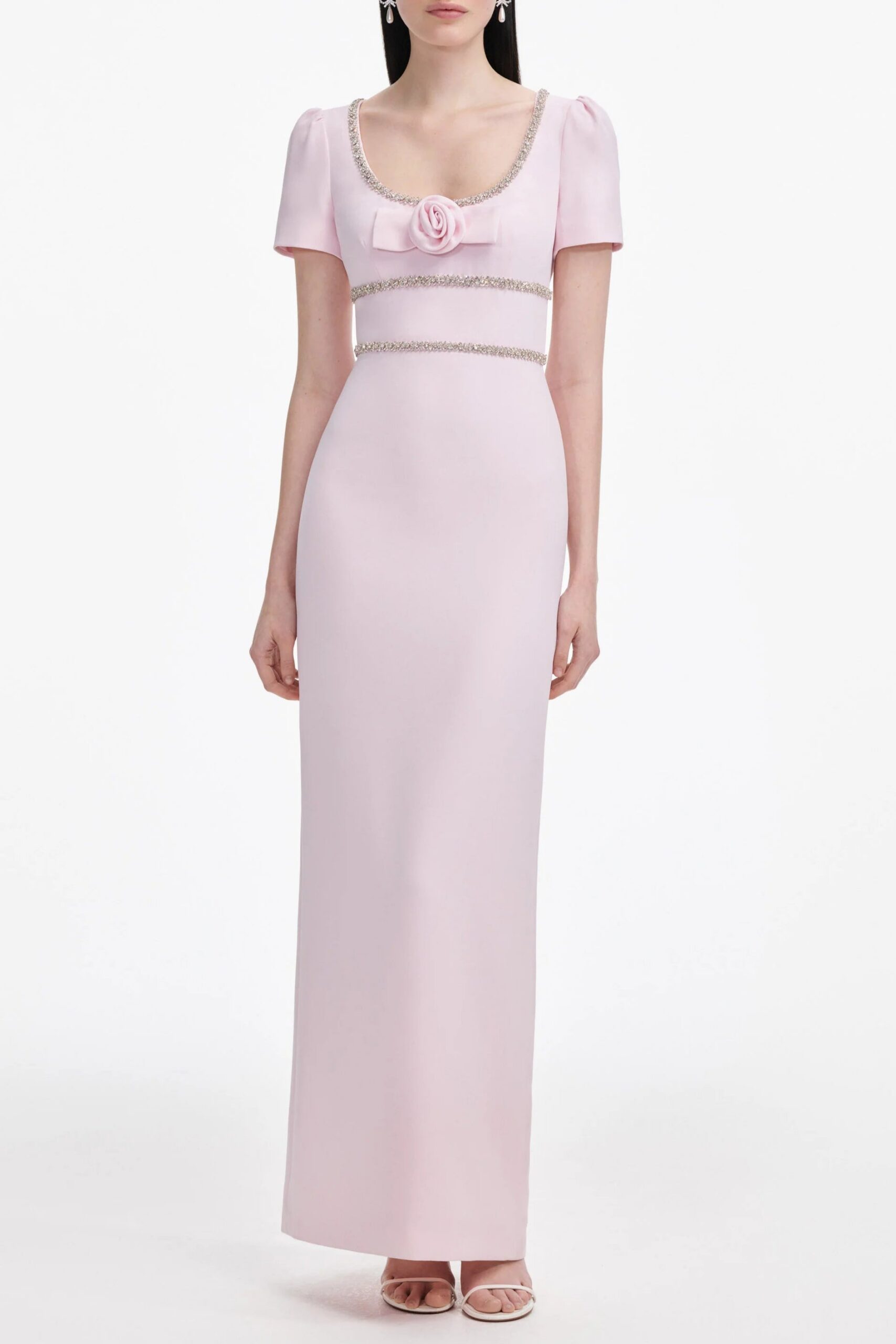 PinkCrepeCrystalTrimMaxiDress PINK CREPE CRYSTAL TRIM MAXI DRESS FOR EVENING