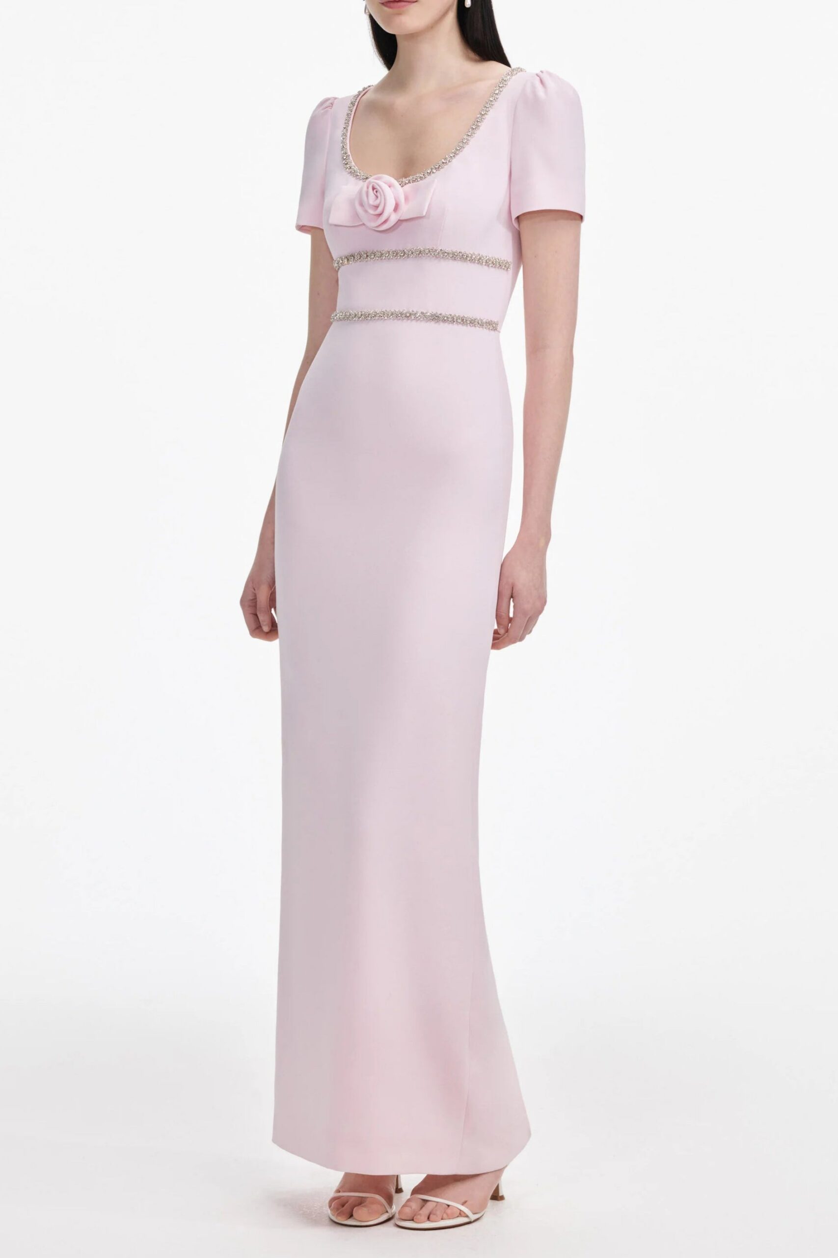 PINK CREPE CRYSTAL TRIM MAXI DRESS FOR EVENING