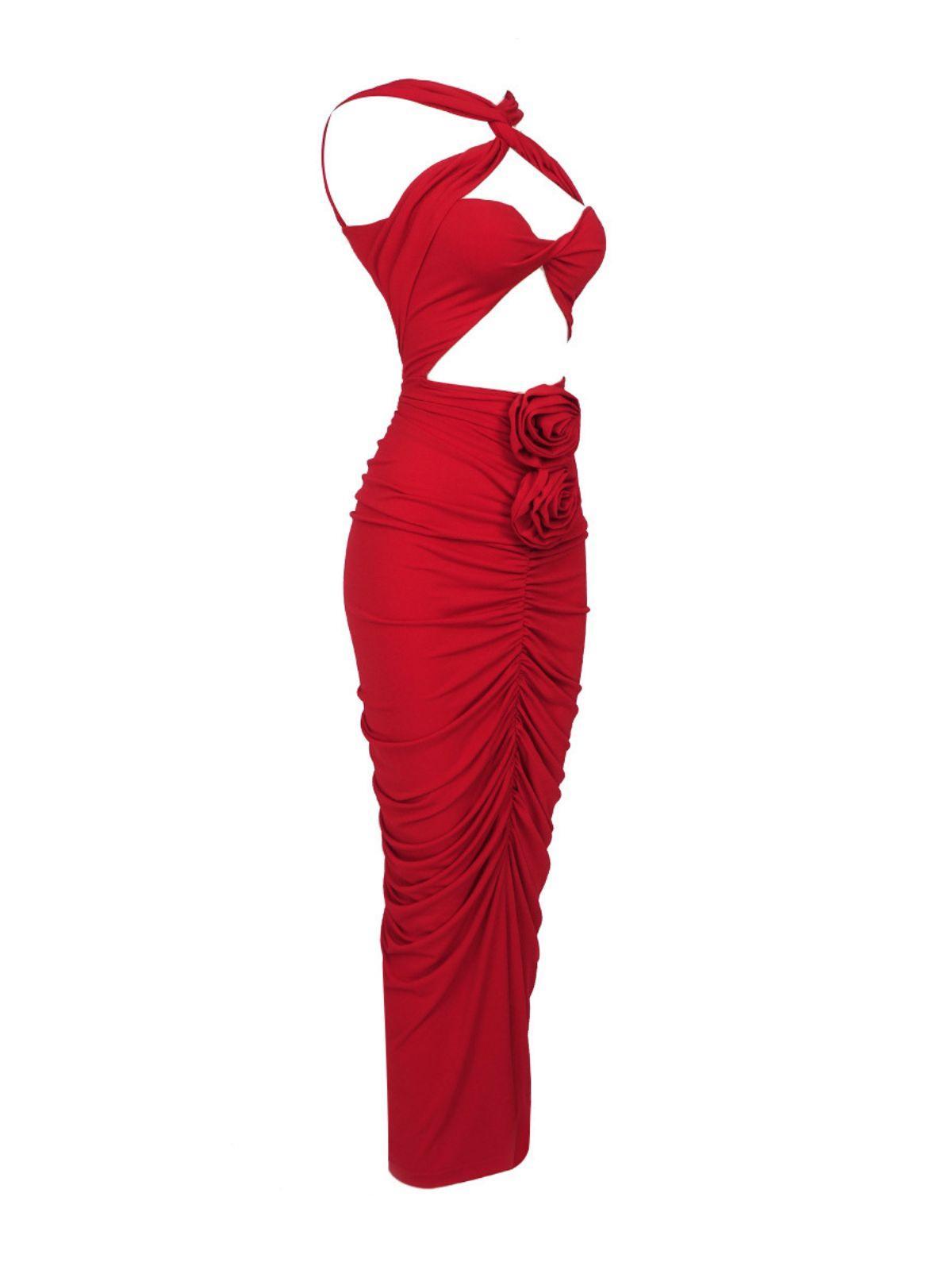 RED POMELINE ROSE BODYCON MAXI DRESS