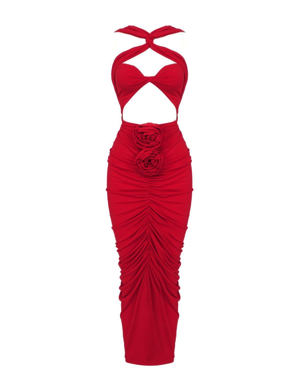 RED POMELINE ROSE BODYCON MAXI DRESS