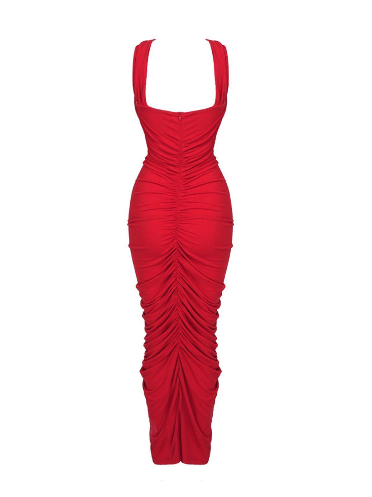 RED POMELINE ROSE BODYCON MAXI DRESS