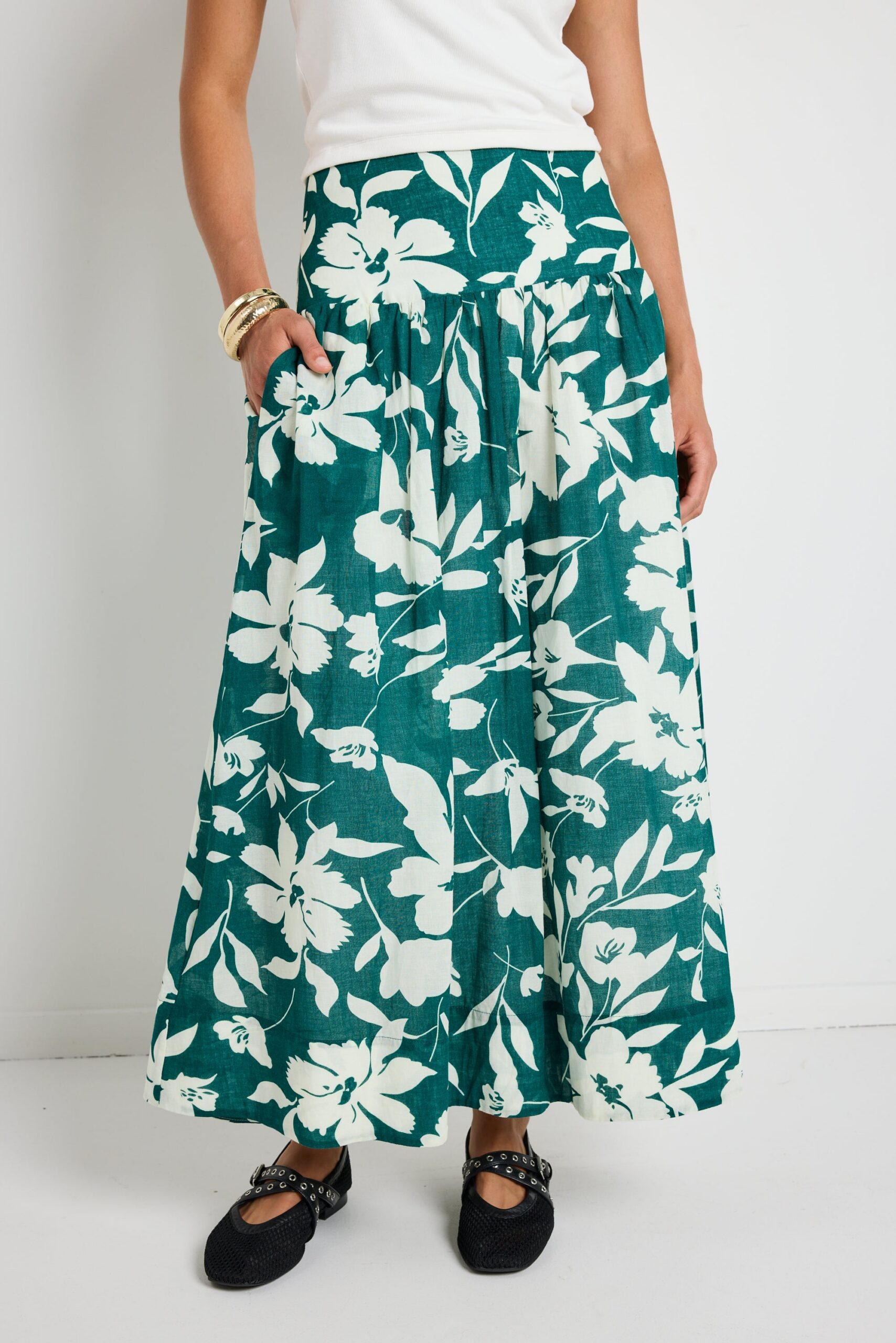 PositiveCreamTank_AffinityForestFloralMaxiSkirt6 AFFINITY FOREST FLORAL TIERED MAXI SKIRT, SHIRRED BACK