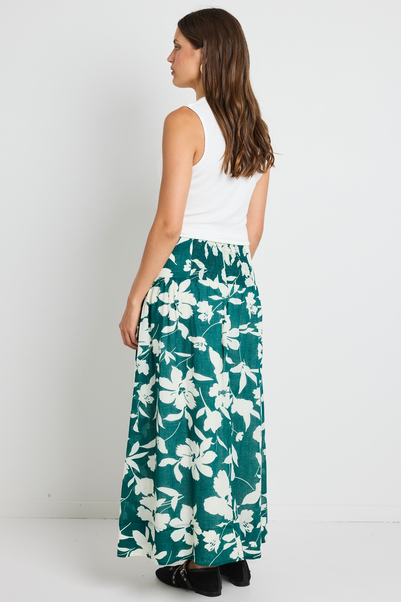 AFFINITY FOREST FLORAL TIERED MAXI SKIRT, SHIRRED BACK