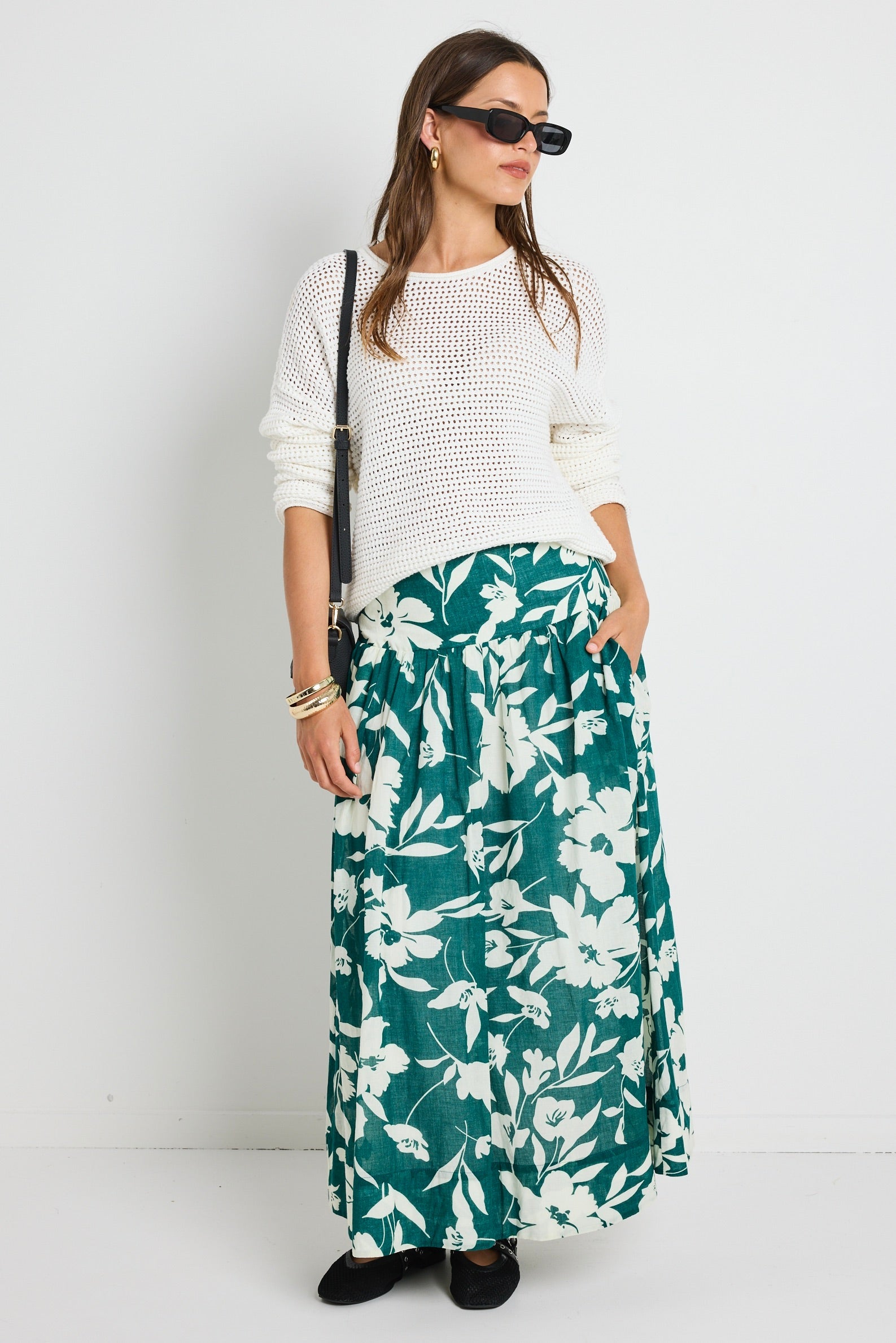 AFFINITY FOREST FLORAL TIERED MAXI SKIRT, SHIRRED BACK
