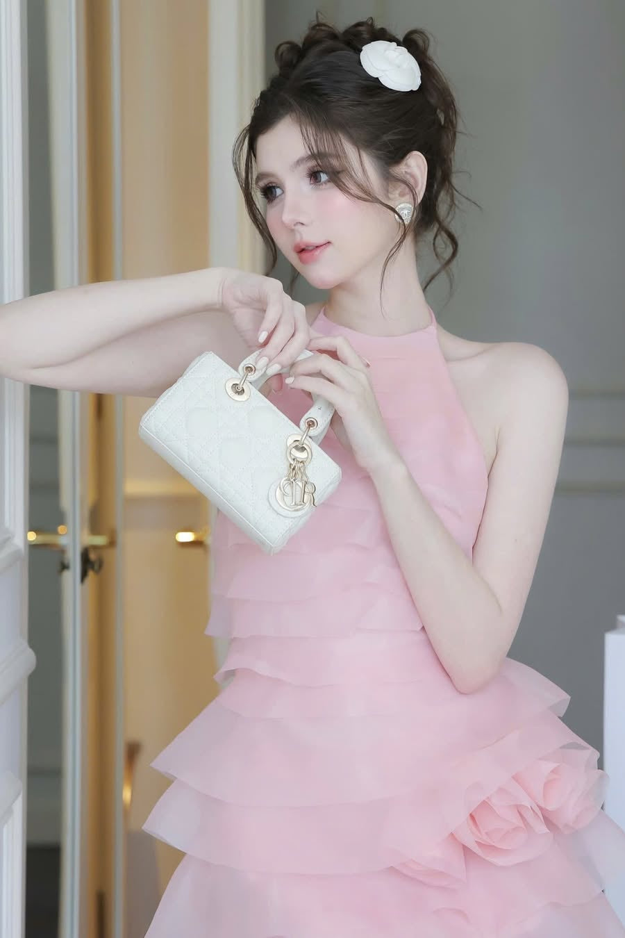 3D FLOWER HALTER MINI DRESS IN PINK FOR PARTY