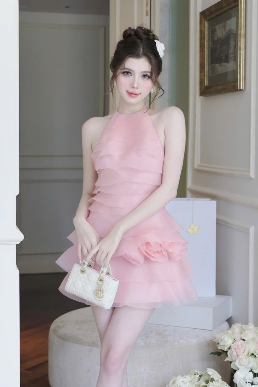 3D FLOWER HALTER MINI DRESS IN PINK FOR PARTY