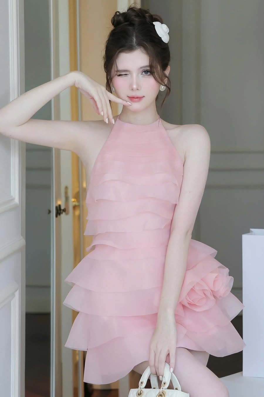 3D FLOWER HALTER MINI DRESS IN PINK FOR PARTY