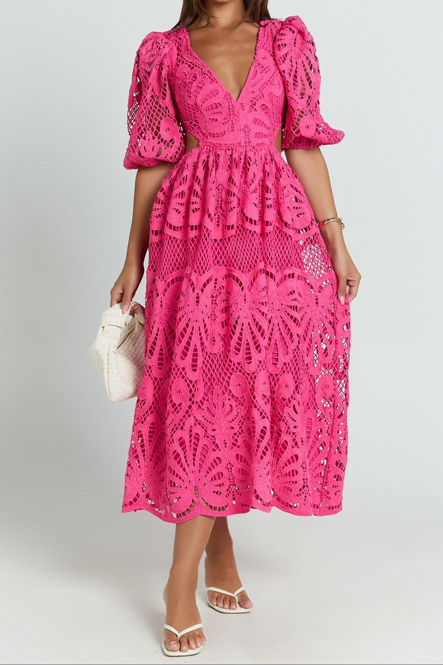 V-NECK LACE MIDI DRESS FOR WEDDING GUEST