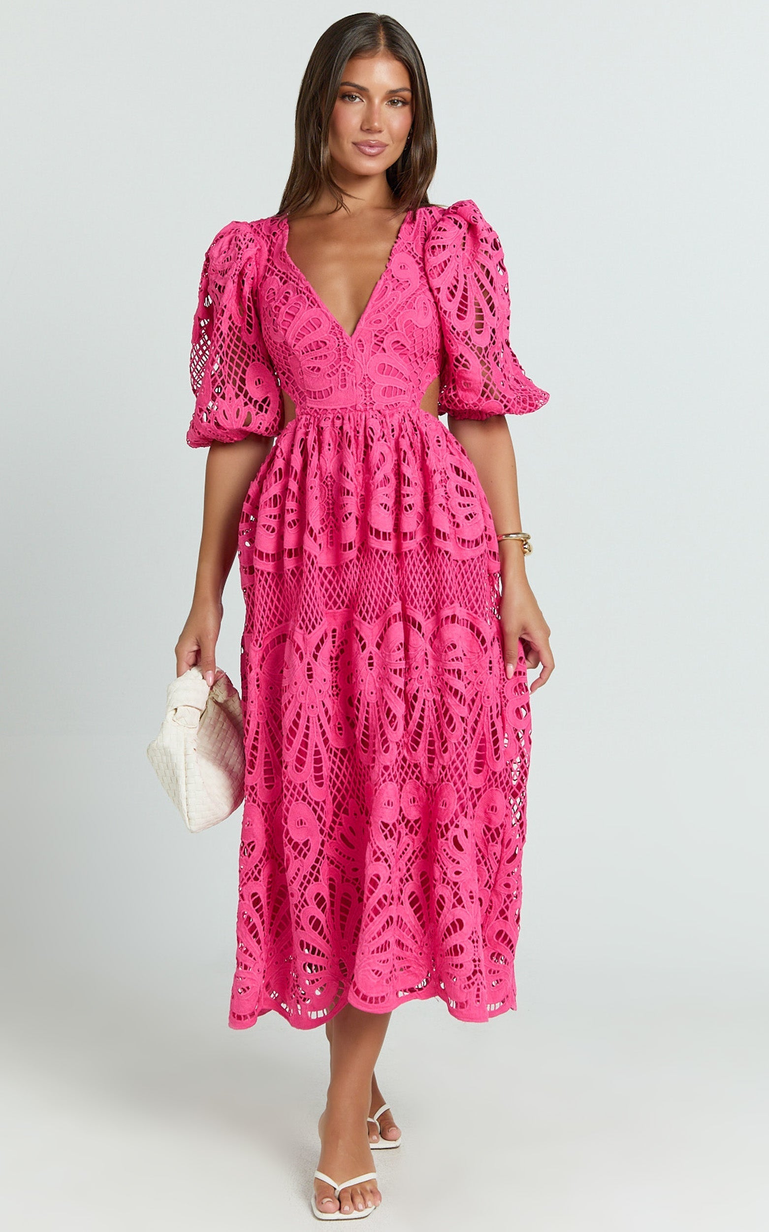 V-NECK LACE MIDI DRESS FOR WEDDING GUEST