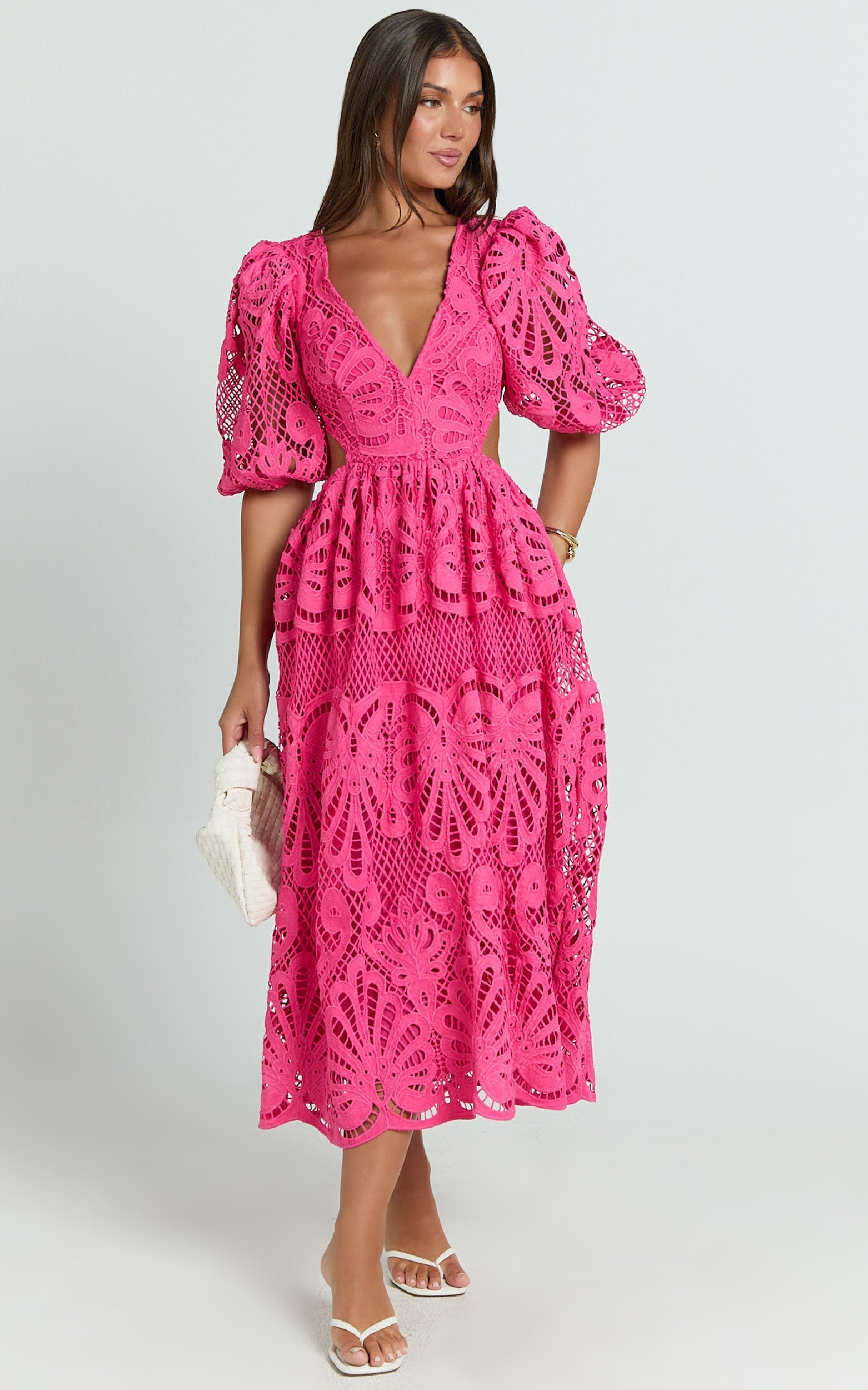 V-NECK LACE MIDI DRESS FOR WEDDING GUEST