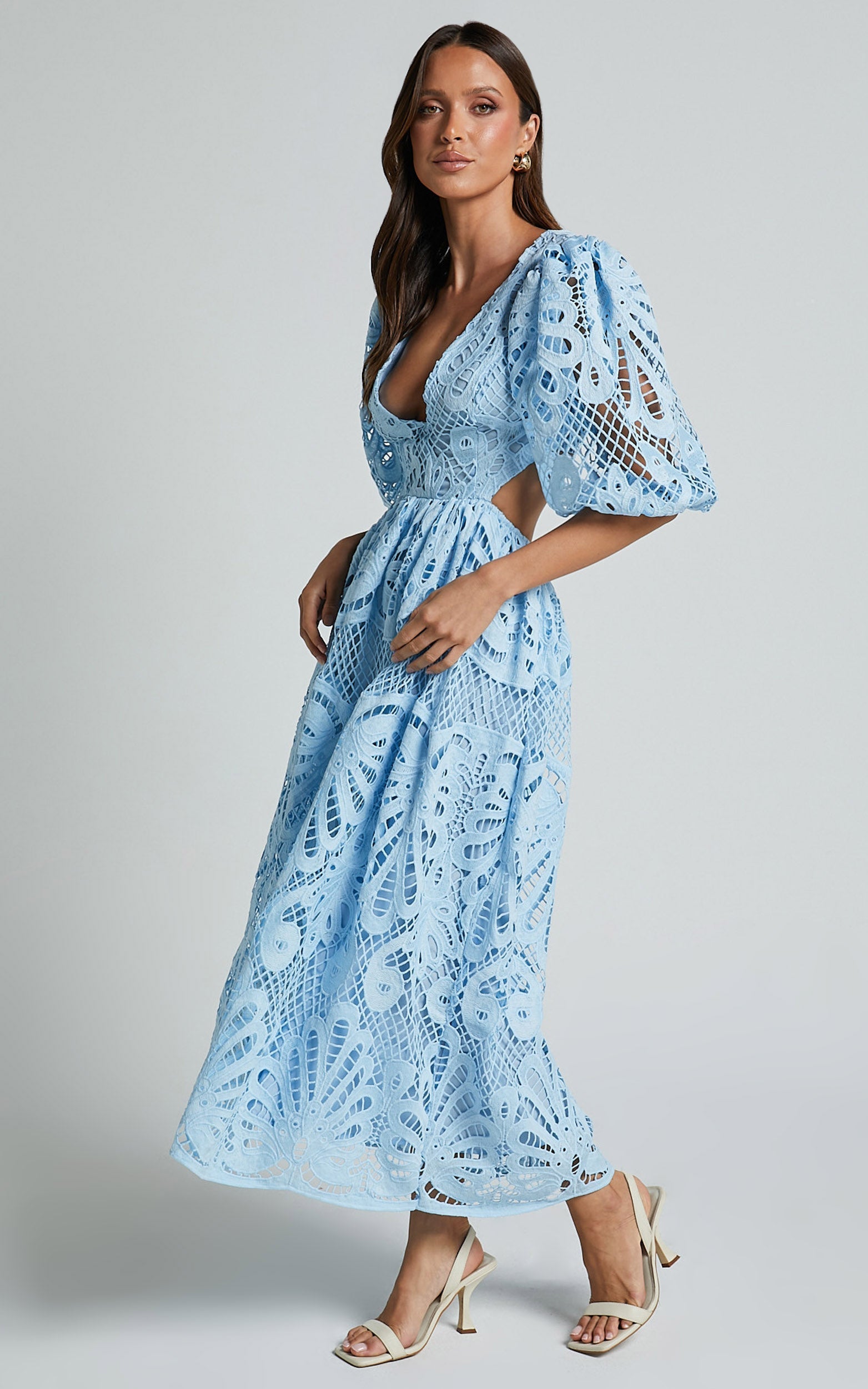 V-NECK LACE MIDI DRESS FOR WEDDING GUEST