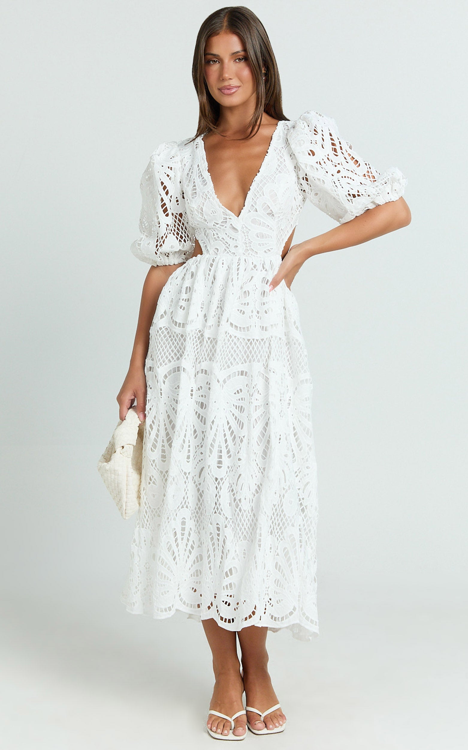 V-NECK LACE MIDI DRESS FOR WEDDING GUEST